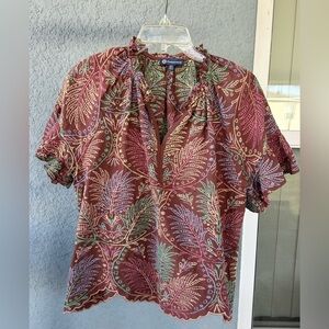 Democracy Embroidered Eyelet Leaf Print V-neck Top Sz XL Rustic Boho Scallop Hem